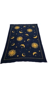 Vtg Biederlack Sun Moon Stars Blanket Celestial Reversible 52 x 76" Blue Gold - Picture 1 of 6