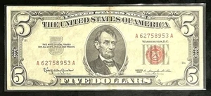 1963 Red Seal $5 Bill Federal Reserve Note - Serial #62758953 - Picture 1 of 2