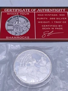 Naughty Spicy Silver Shake Your Shamrocks 1 oncia .999 argento tondo COA 500 coniato - Foto 1 di 5