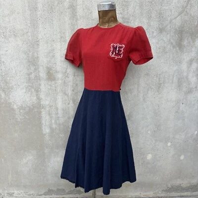 Vintage 1930s 40s Red Blue Wool Color Block Dress Embroidered ME Deco Stitched - Image 1 of 4