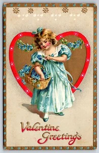 Valentine~Dainty Lil Girl in Blue Satin Dress~Forget-Me-Nots~Red Gold Heart~TUCK - Picture 1 of 2