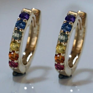 E180 Genuine 9K Yellow,White or Rose Gold Rainbow Sapphire Pride Huggie Earrings - Picture 1 of 4