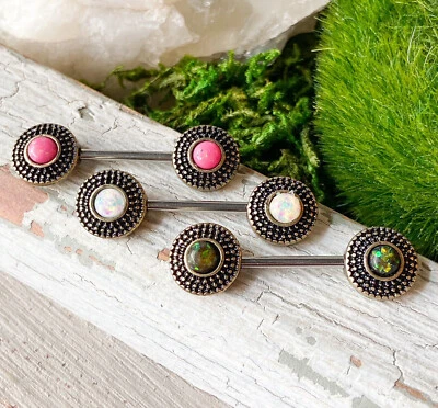 PAIR Opal Glitter Center Tribal Shield Nipple Rings Shield Barbells 14g 14 gauge - Image 1 of 3