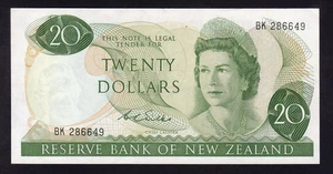 NEW ZEALAND P-167 b. (1968-75) 20 Dollars.. Wilks.. Prefix BK.. gEF-aUNC - Picture 1 of 2