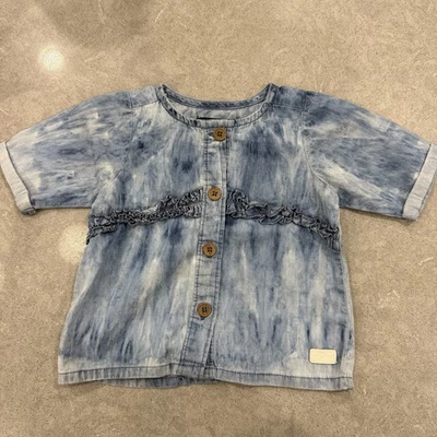 Girls For All Mankind 蓝色扎染荷叶边纽扣上衣衬衫尺寸 18mo — 第 1/4 张图片