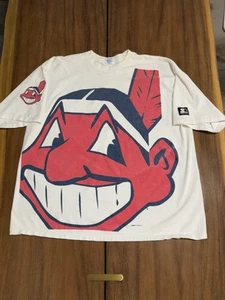 Vintage 90s The Game Cleveland Indians Chief Wahoo Big Logo All Over Print Shirt - Picture 1 of 10