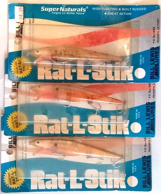 3 VINTAGE BILL LEWIS RAT L STIK JERKBAIT FISHING LURES - lot of 3 NIP - Image 1 of 2