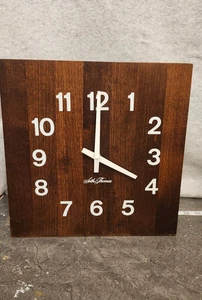 Seth Thomas Wood Butcher Block Square Wall Clock MCM Dark Brown Retro Vintage - Picture 1 of 12