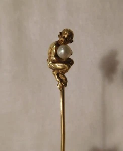 Incredible French Art Nouveau 18K Gold Pearl Detailed Faun Satyr Stick Pin 🦌 - Picture 1 of 12
