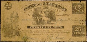 1861 DATED TOWN OF STAUNTON (VIRGINIA) .25 CENTS NOTE-CONFEDERATE-CIVIL WAR - Picture 1 of 2