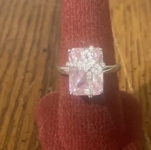 925 Sterling  Rectangle Pink Sapphire Ring Wrapped In A Bow W/Simulated Diamonds - Picture 1 of 11