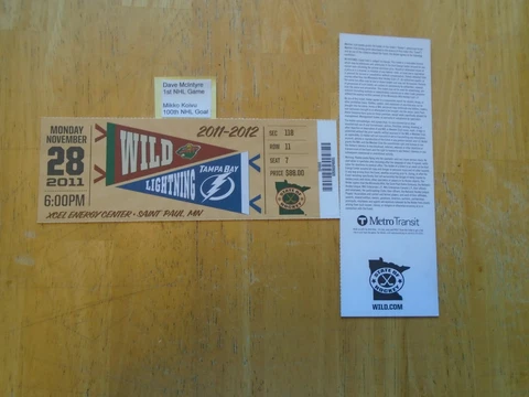 Mikko Koivu 100th NHL Goal + Dave McIntyre 1st NHL Game Ticket Minnesota Wild Cover