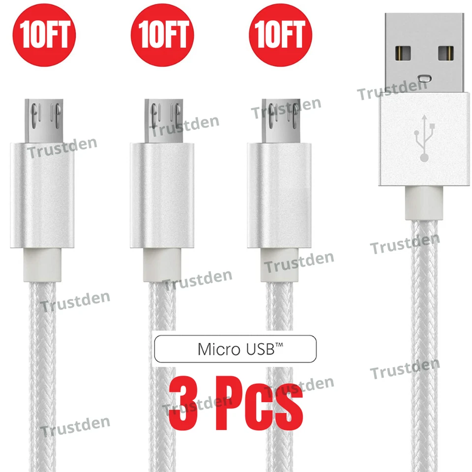 10Ft Micro USB Charger Data Sync Cable Cord For Android Samsung Google HTC LG - Image 1 of 4