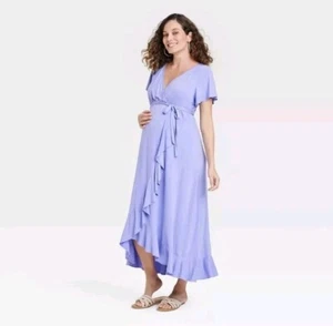 NEW Ingrid & Isabel Purple Ruffle Flutter Sleeve Faux Wrap Maternity Dress XL - Picture 1 of 6