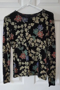 GWheels Women's Size Small Long Sleeve Shirt Black with Gold Leaves Floral Print - Picture 1 of 7