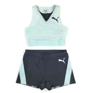 Puma Women's Ignite Speed Crop Top & Shorts Set Size Small Black Aqua NWOT