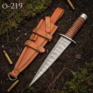 14" ARKANSAS TOOTHPICK DAGGER, CUSTOM MADE DAMASCUS STEEL, LEATHER STACKS -O219 - Picture 1 of 11