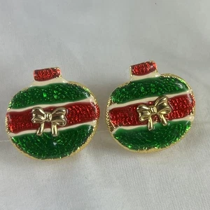 Orecchini Natale Clip On Palline Ornamenti Smalto Rosso Verde 1” Tono Oro Vintage - Foto 1 di 5