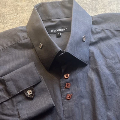 Bogosse Men's Shirt Size 5 Gray-Brown Italian Designer Square Button Leather Tab - Image 1 of 4