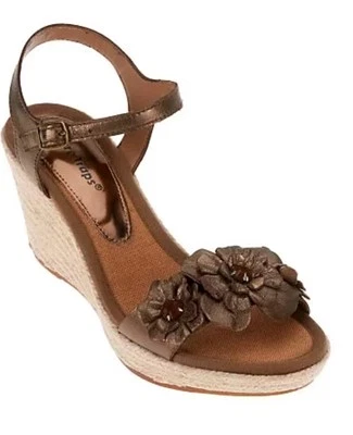 Sandalia Cuña BareTraps Talla 7.5 Cuero Flores "Tease" Marrón Metálico Boho Usada en Excelente Condición Foto 1 de 4