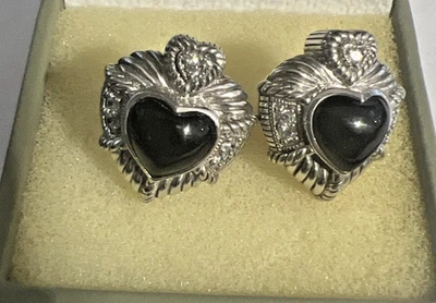 QVC Judith Ripka Sterling Silver 925 Black Onyx & CZ Heart Earrings, Very Nice - Image 1 of 4