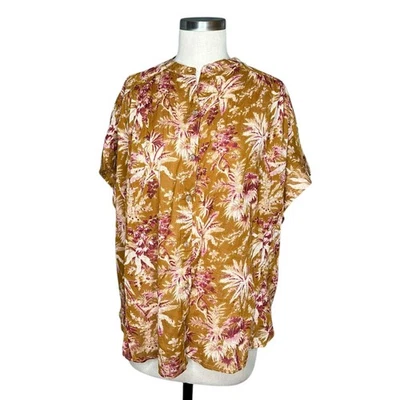 PILCRO Anthropologie Short Sleeve Batwing Blouse Mustard Yellow Pink Floral L/XL - image 1 of 4