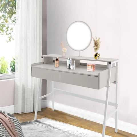 Dressing Vanity Table Set Makeup Lighted Desk with Mirror and 2 Drawers White Cover