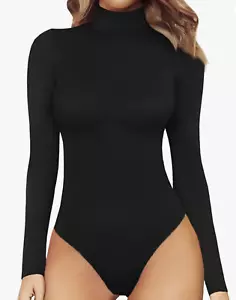 MANGOPOP Mock Turtle Neck Long Sleeve Tops Black Bodysuit Jumpsuit M - Picture 1 of 5