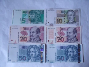 Croatia 5 kuna 1993, 10 and 50 kuna 2012, 20 kuna 2001 and 2014, 50 kuna 2002 - Picture 1 of 2