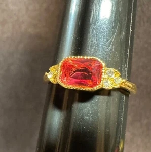 925 Goldtone Plated Dainty Red and Clear Rhinestone Ring Size 9 - Picture 1 of 7