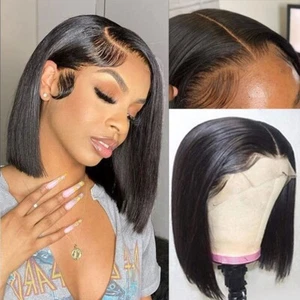 14inch Short Straight 4×4 Lace Frontal Bob Wig Brazilian Remy Human Hair Wigs - Picture 1 of 7