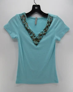 Last Tango Top Women Small Blue Pullover Blouse Beaded Native Indian V-Neck USA* - Picture 1 of 13