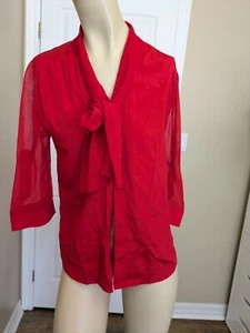 Alice Olivia Red Long Sleeve Blouse Neck Tie Sheer Sleeves Women's Small - Picture 1 of 11