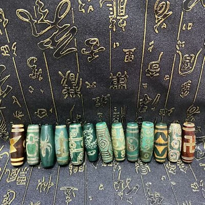 13 PIEZAS Hermosas Cuentas Dzi de Ágata de Cinabrio Natural Tibetano Puro Foto 1 de 4