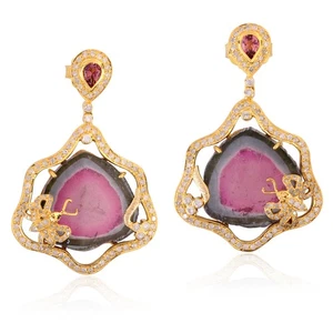 Natural Diamond Tourmaline Dangle Earrings 18k Yellow Gold Handmade Jewelry - Picture 1 of 6