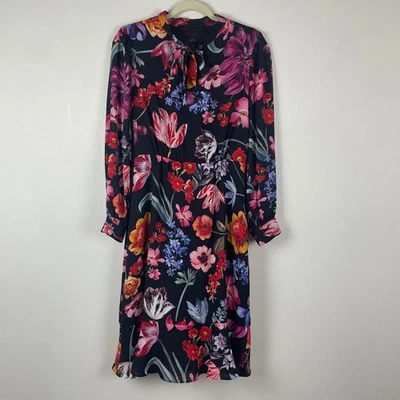 J. Crew Floral Midi Dress Long Sleeve Women's Size 4 Tie Waist Midnight Dutch - Image 1 of 4