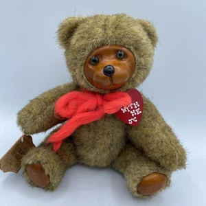 Vtg 80s Applause Wood Face 9" Bear Robert Raikes Plush Stuffed Jointed Toy Brown - Picture 1 of 10