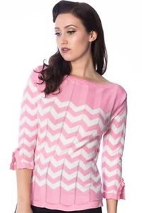 Rosa weiß Zickzack Streifen U-Boot Ausschnitt Vintage Retro Strick Top BANNED Apparel - Bild 1 von 3