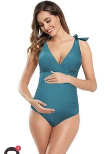 SHEKINI V Neck Shirred Cute Tie Maternity One-Piece Swimsuit - Picture 1 of 7