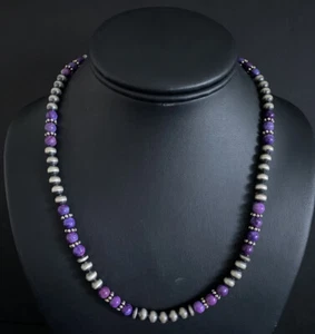 Collar de plata de ley teñida de Sugilite con cuentas de perlas. 18 pulgadas - Imagen 1 de 12