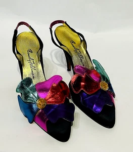 Beverly Feldman pompa slingback vintage anni 80 colori metallizzati pelle raso taglia 7 - Foto 1 di 15