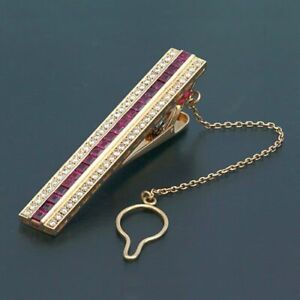 Lab Created Red Ruby Chain Tie Clip For Men's Yellow Gold Plated 925 SS Jewelry