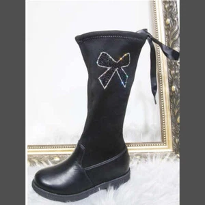 CHILDRENS GIRLS KIDS FLAT BOOTS KNEE LENGTH SOCK BOOTS DIAMANTE BOW - Picture 1 of 4