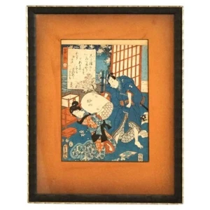 Antigua impresión japonesa en madera con figuras de Kunisada, enmarcada, C1920 - Imagen 1 de 9