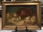 19th century antique  oil painting of Chickens + Chicks Artist Florence Venon.