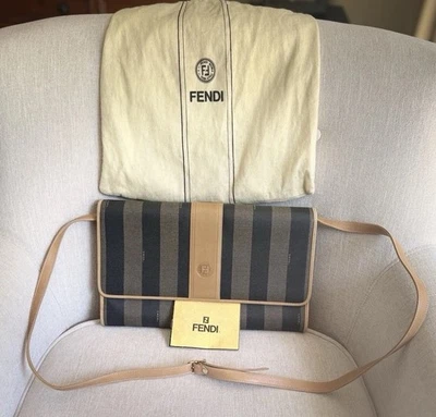 (Casi Como Nuevo) Bolso de Hombro Fendi Vintage Años 80 Pequin Rayas Coñac Sillín Solapa Foto 1 de 4