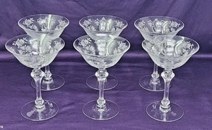6 Vintage Tiffin Cherokee Rose Crystal Tall Sherbet Champagnes 5-7/8" - EXC - Picture 1 of 3