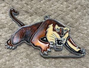 Vintage Handmade Brown Stained Glass Tiger Metal Frame Plastic Window Art - Picture 1 of 4