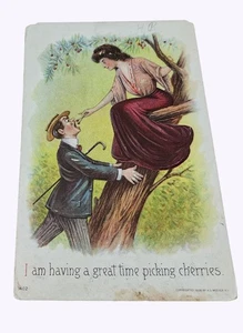 Postal de colección de 1910 "Me lo estoy pasando en grande recogiendo cerezas" por A. Meeker E - Imagen 1 de 2