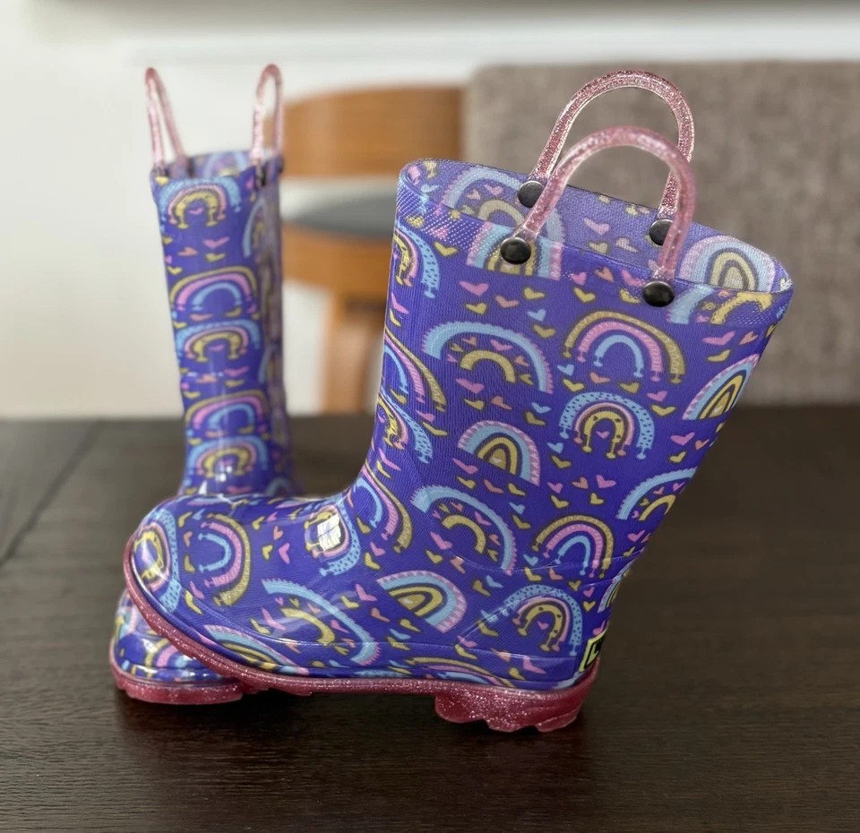 Western Chief Niñas Arco Iris Púrpura Rosa Brillo Botas de Lluvia Corazones Talla 11 M EE. UU. Foto 1 de 1